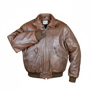 Vintage The Leather Warehouse Mens Brown Genuine Leather Bomber Jacket 46R Large
